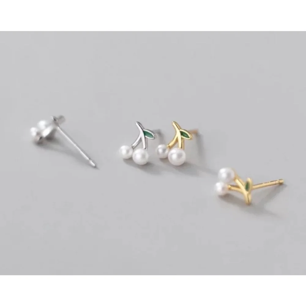 NEW Women's‎ Earrings Gold Plated S925 Dainty Cherries Studs Size 0.7 x 0.3 cm